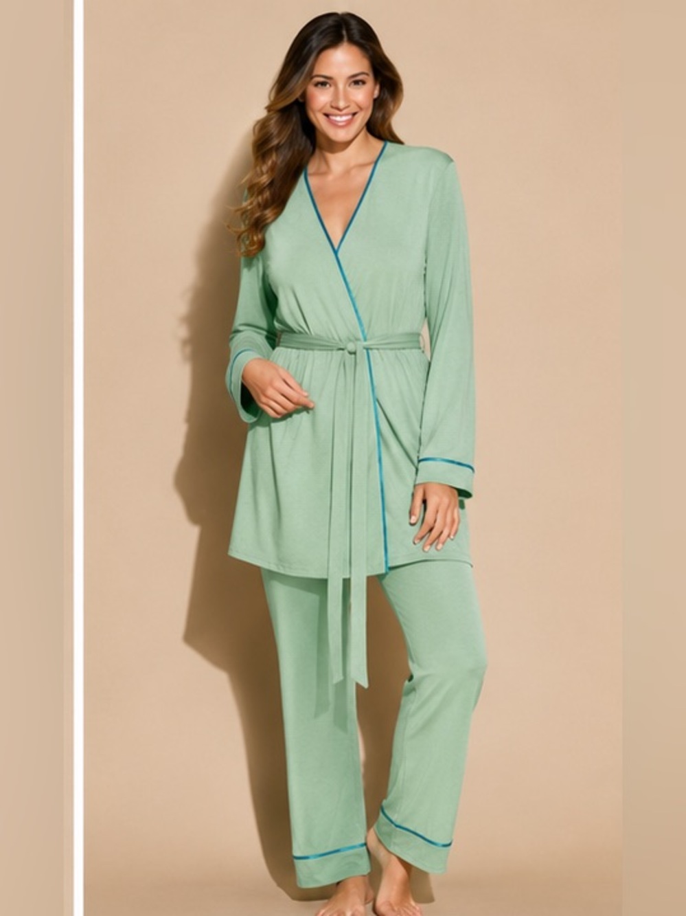 NWT Cosabella Bella Curvy 3 Piece Pajama Lounge Set S Ghana Green Udaipur Blue